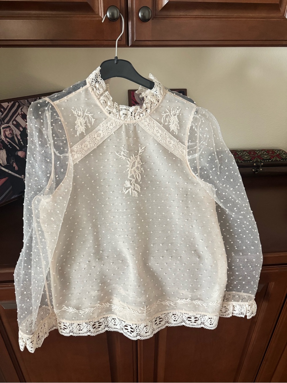 Zara Cream Sheer Dot Lace High-Neck Blouse. Embroidered lace plumitis organza